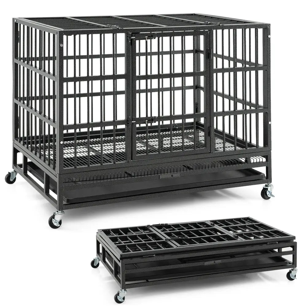 38 Inch Foldable Heavy-Duty Metal Dog Cage with Lockable Rolling Casters and Tray-38 inches - Black - Dog Kennels