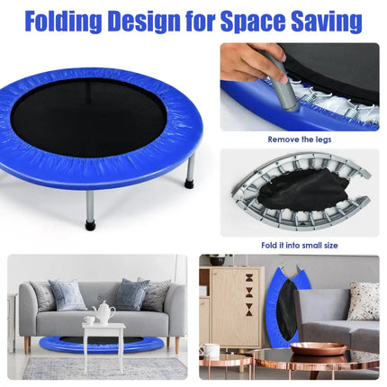 38 Inch Mini Folding Trampoline Portable Leisure Fitness Backboard-Blue - Blue - Trampolines