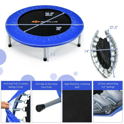 38 Inch Mini Folding Trampoline Portable Leisure Fitness Backboard-Blue - Blue - Trampolines
