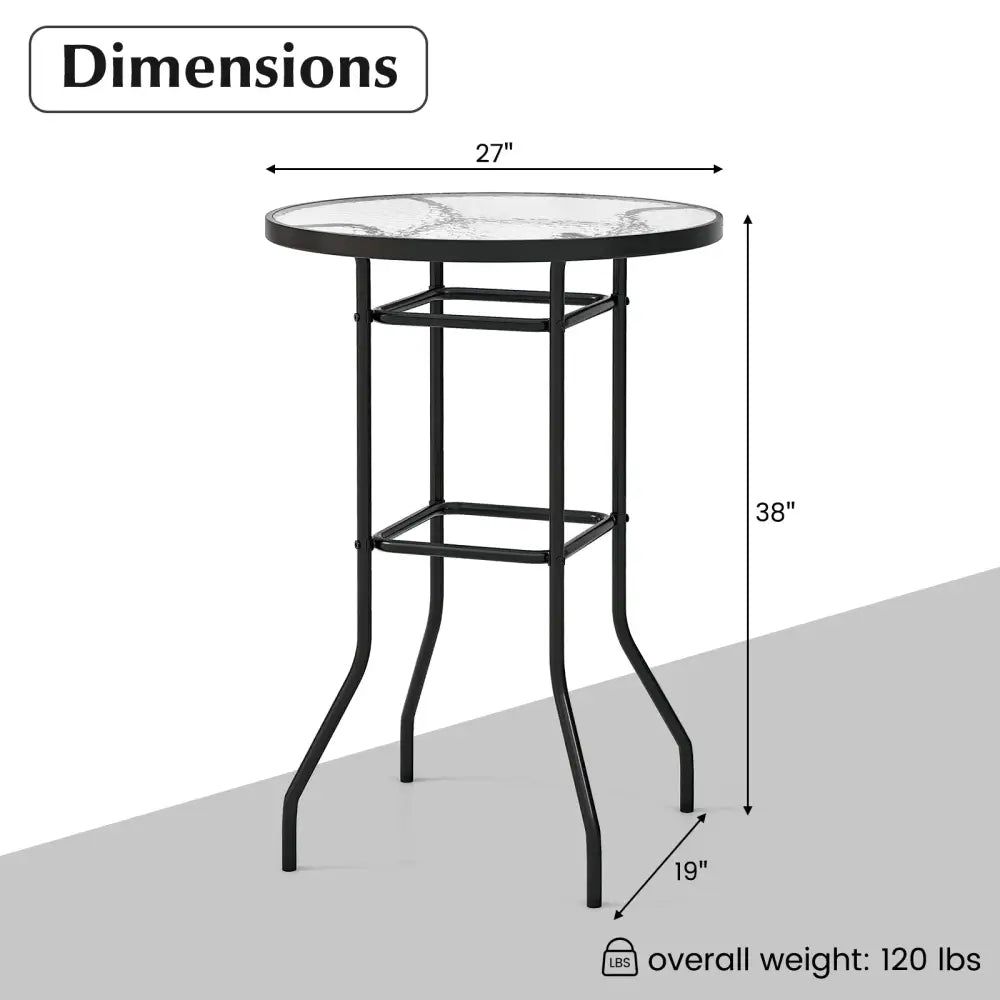 38 Inch Patio Bar Table with Tempered Glass Tabletop - Black - Patio Bar Furniture