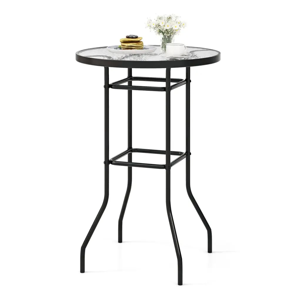 38 Inch Patio Bar Table with Tempered Glass Tabletop - Black - Patio Bar Furniture