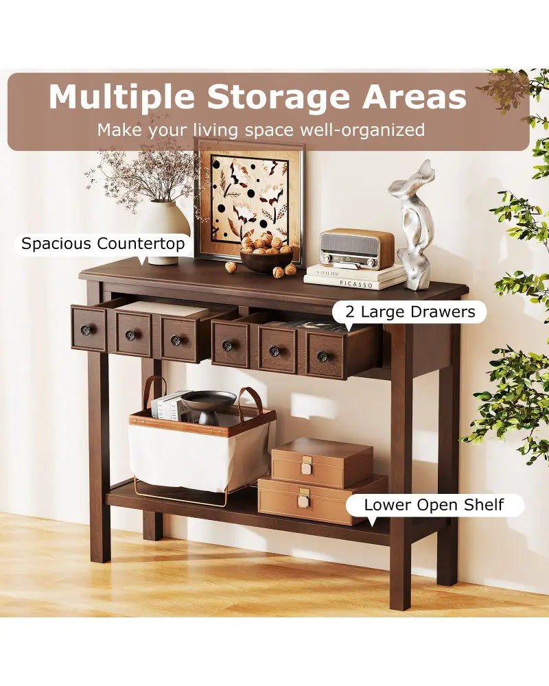 38 Inch Rustic Console Table with 2 Drawers and Bottom Open Shelf-Espresso - Espresso - Console Tables