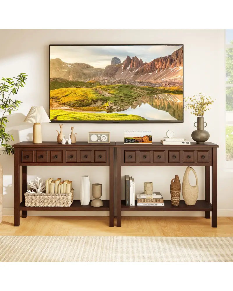 38 Inch Rustic Console Table with 2 Drawers and Bottom Open Shelf-Espresso - Espresso - Console Tables