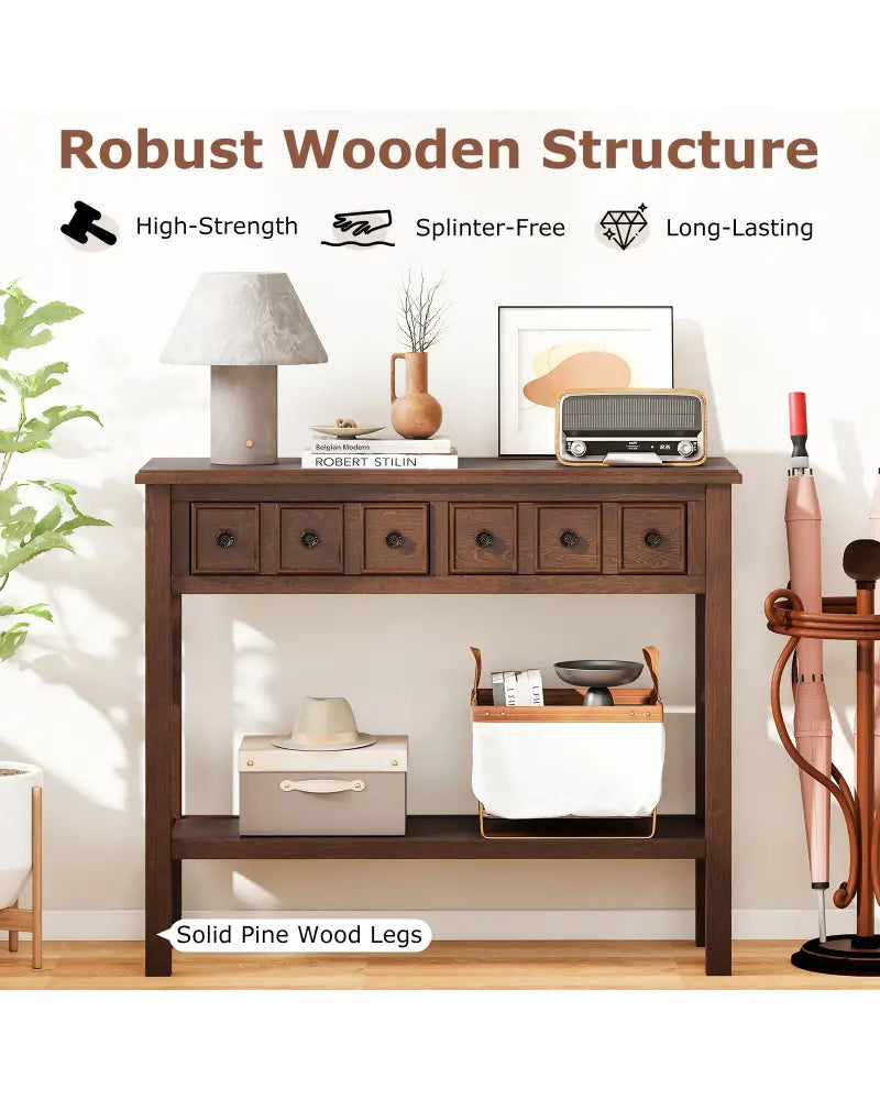 38 Inch Rustic Console Table with 2 Drawers and Bottom Open Shelf-Espresso - Espresso - Console Tables