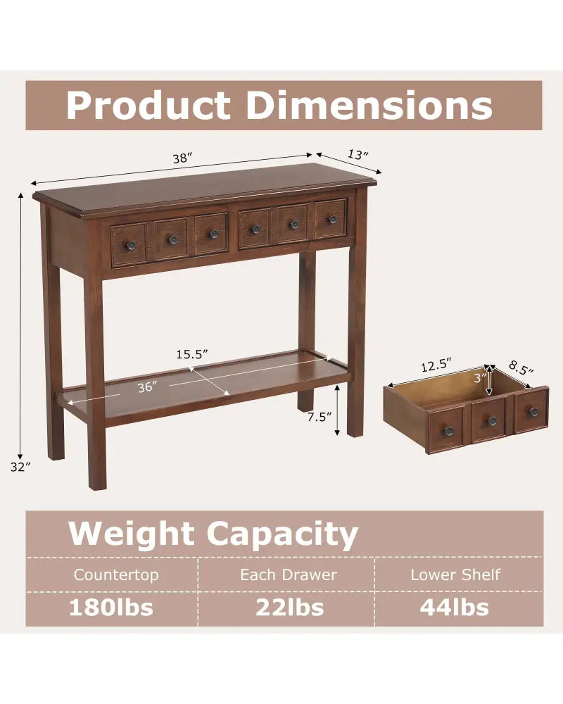 38 Inch Rustic Console Table with 2 Drawers and Bottom Open Shelf-Espresso - Espresso - Console Tables