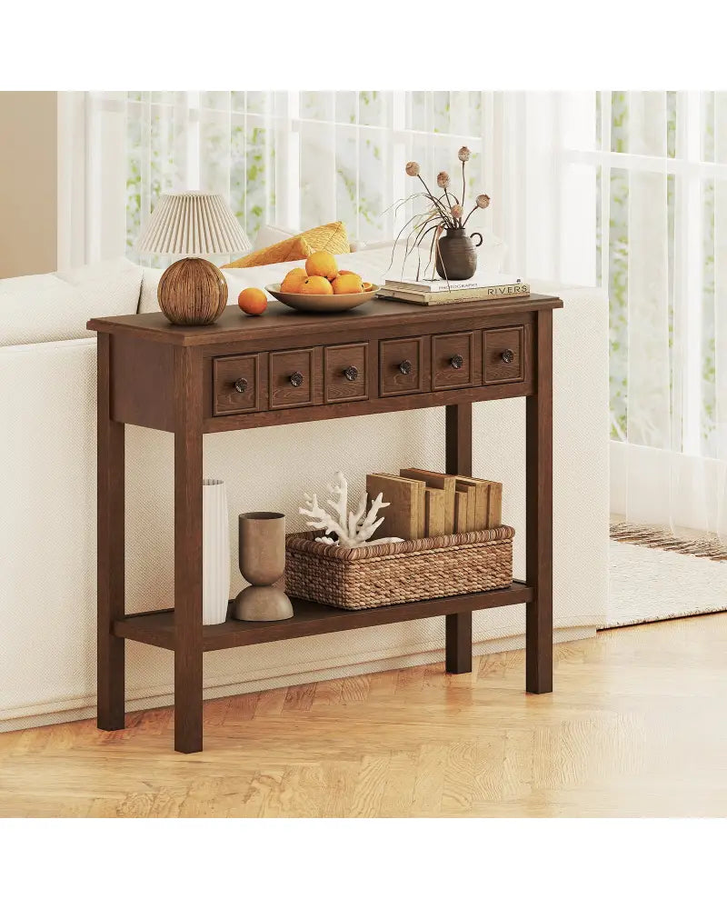 38 Inch Rustic Console Table with 2 Drawers and Bottom Open Shelf-Espresso - Espresso - Console Tables