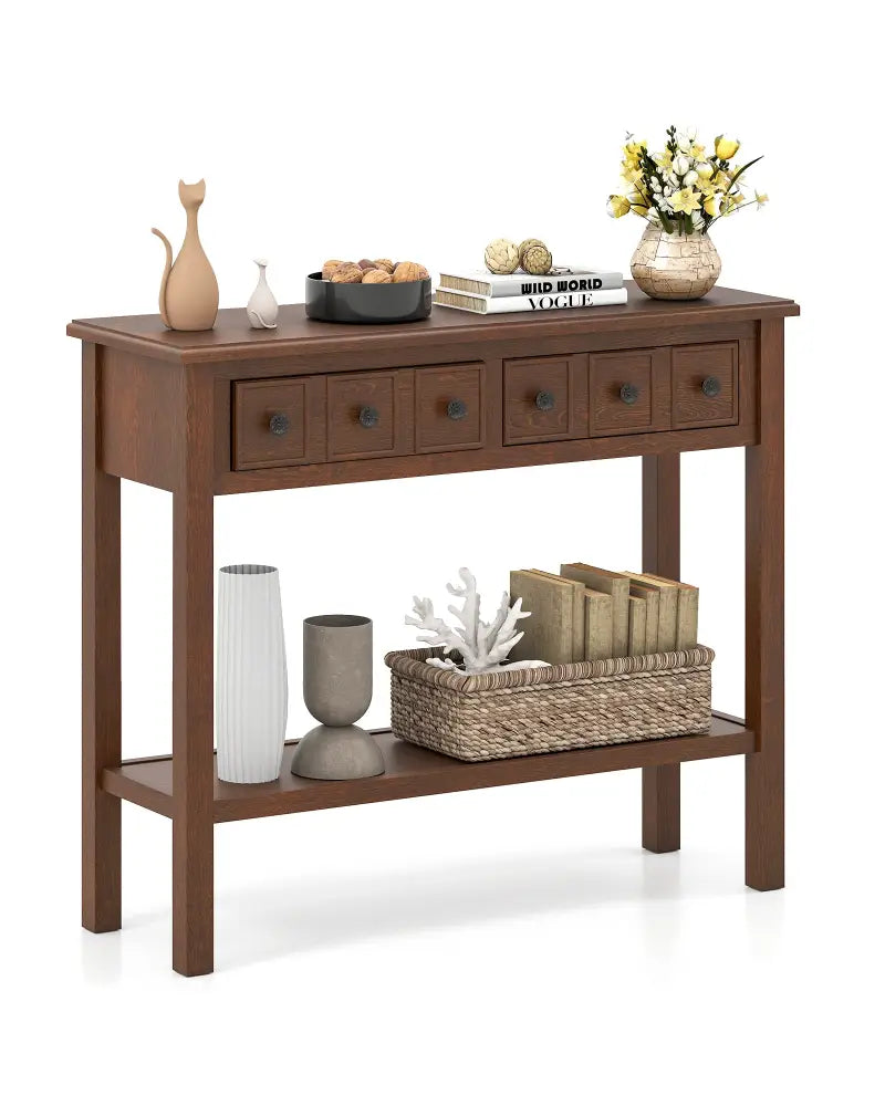 38 Inch Rustic Console Table with 2 Drawers and Bottom Open Shelf-Espresso - Espresso - Console Tables