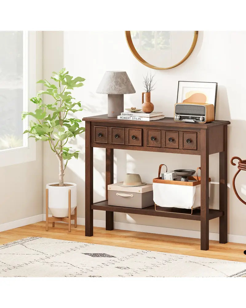 38 Inch Rustic Console Table with 2 Drawers and Bottom Open Shelf-Espresso - Espresso - Console Tables