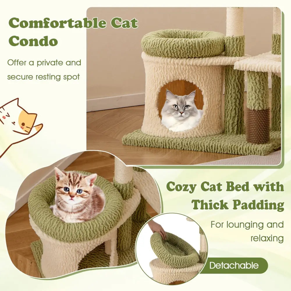 38 Inch Tall Multi-Level Aesthetic Kitten Tower with Condo and Bed-Green - Green - Cat Trees Condos & Scratchers