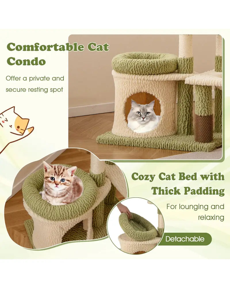 38 Inch Tall Multi-Level Aesthetic Kitten Tower with Condo and Bed-Green - Green - Cat Trees Condos & Scratchers