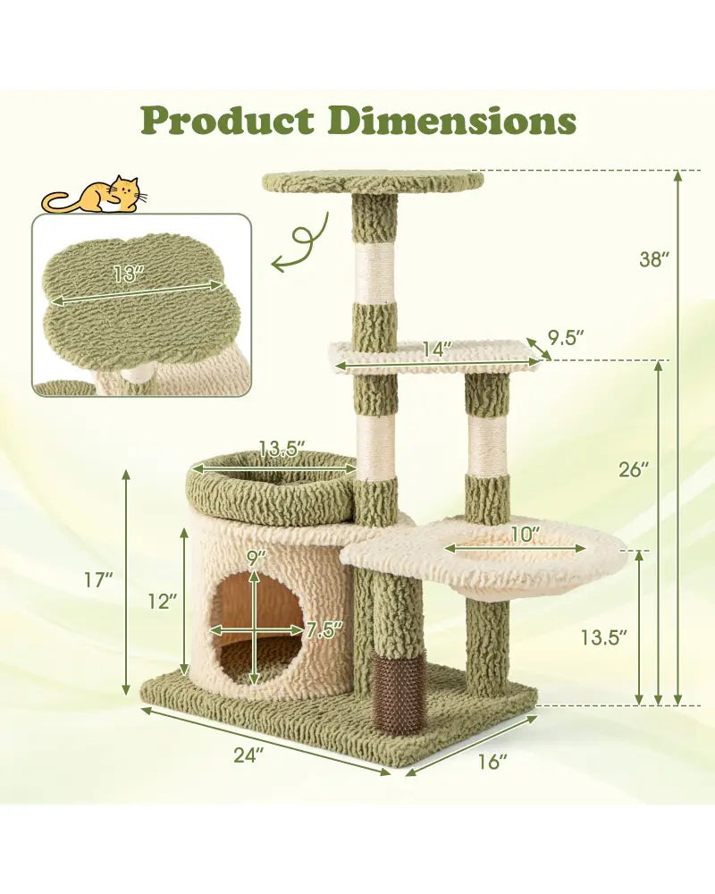 38 Inch Tall Multi-Level Aesthetic Kitten Tower with Condo and Bed-Green - Green - Cat Trees Condos & Scratchers