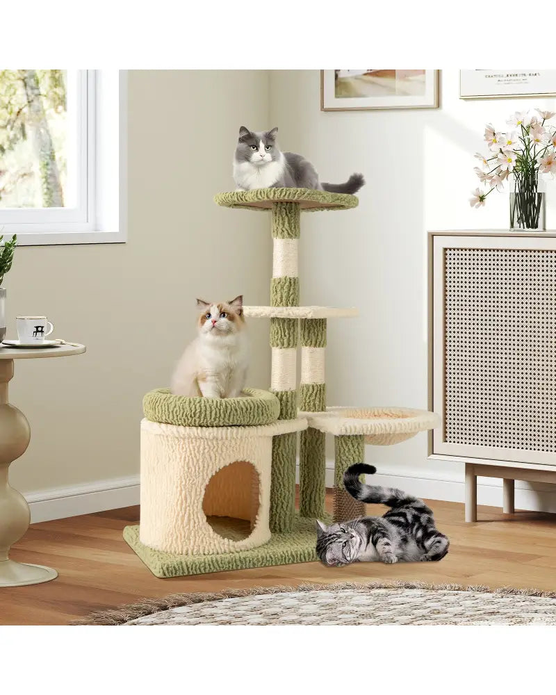 38 Inch Tall Multi-Level Aesthetic Kitten Tower with Condo and Bed-Green - Green - Cat Trees Condos & Scratchers
