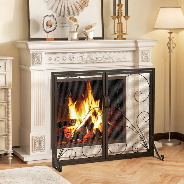 38 x 31 Inch Double Door Fireplace Screen-Black - Black - Fireplace Tools