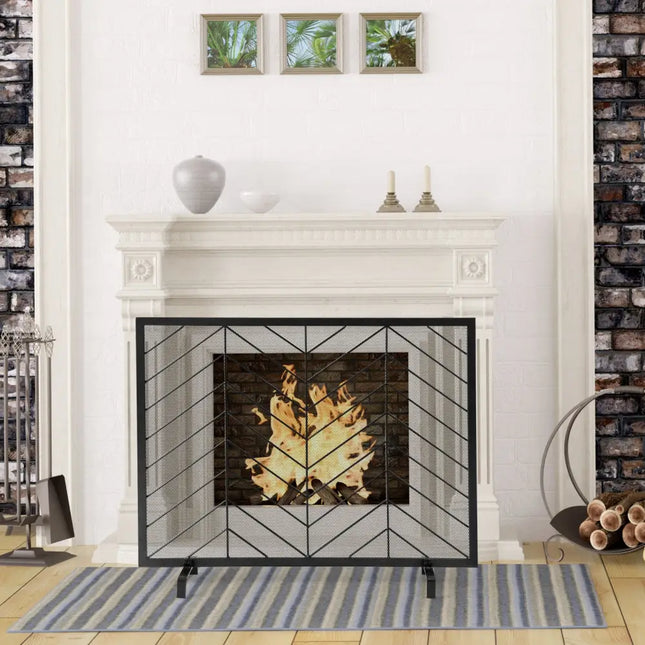 38 x 31 Inch Single Panel Fireplace Screen-Black - Black - Fireplace Tools