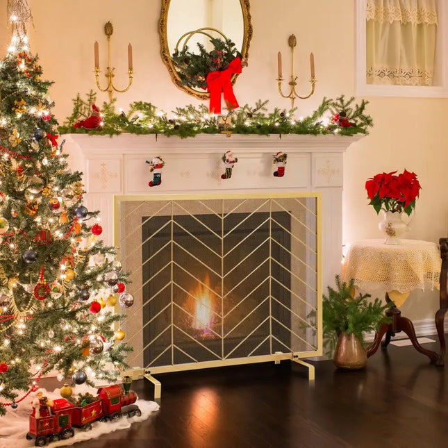 38 x 31 Inch Single Panel Fireplace Screen-Golden - Golden - Fireplace Tools