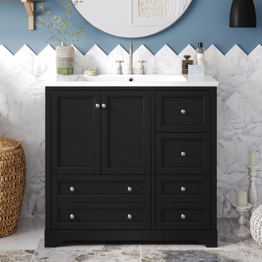 Black bathroom vanity with white countertop against a marble wall.