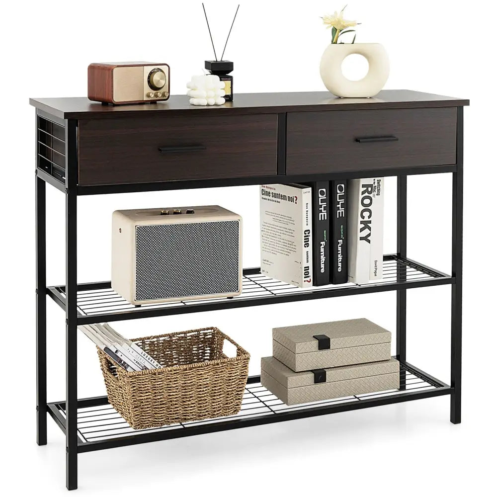 39.5 Inch Entryway Table with 2 Drawers and 2-Tier Shelves-Dark Brown - Dark Brown - Console Tables