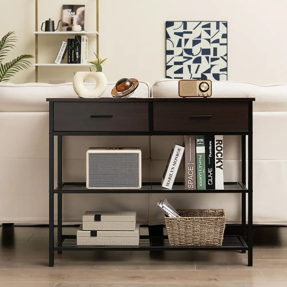 39.5 Inch Entryway Table with 2 Drawers and 2-Tier Shelves-Dark Brown - Dark Brown - Console Tables