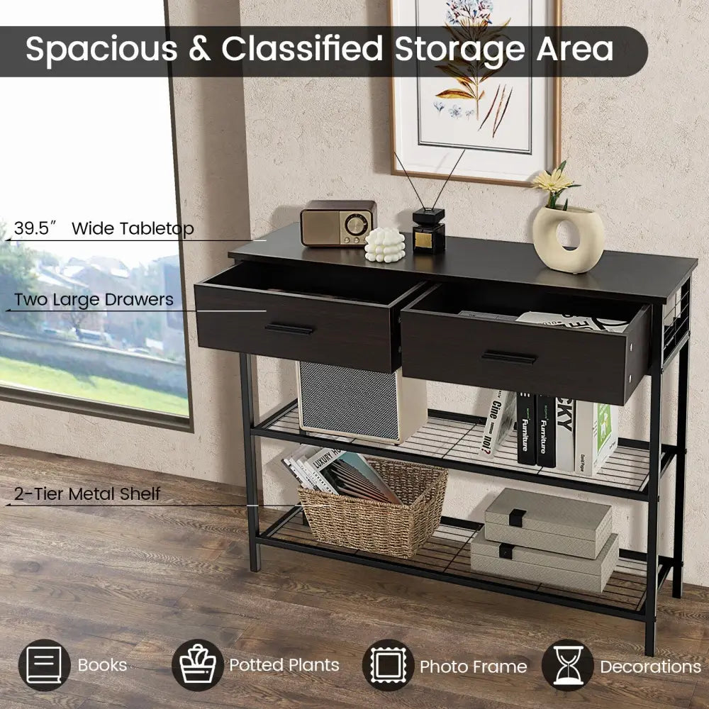 39.5 Inch Entryway Table with 2 Drawers and 2-Tier Shelves-Dark Brown - Dark Brown - Console Tables
