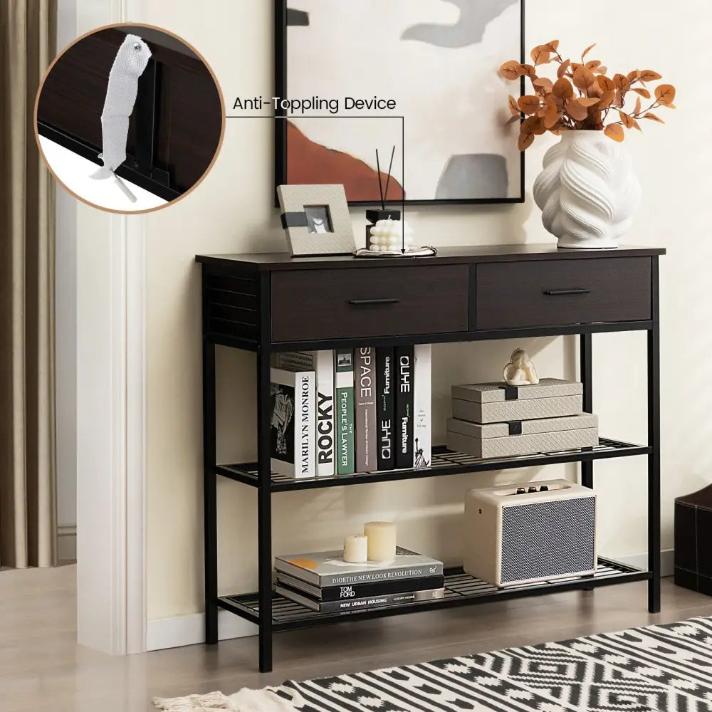 39.5 Inch Entryway Table with 2 Drawers and 2-Tier Shelves-Dark Brown - Dark Brown - Console Tables