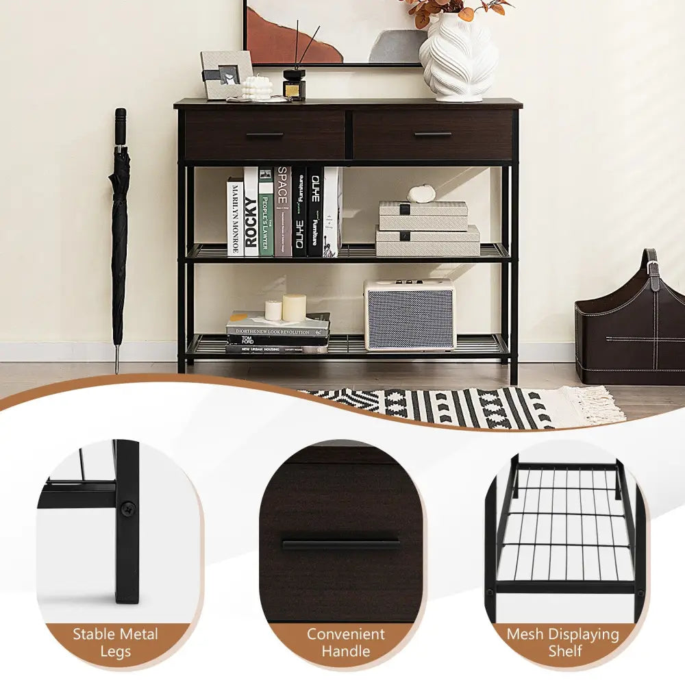 39.5 Inch Entryway Table with 2 Drawers and 2-Tier Shelves-Dark Brown - Dark Brown - Console Tables