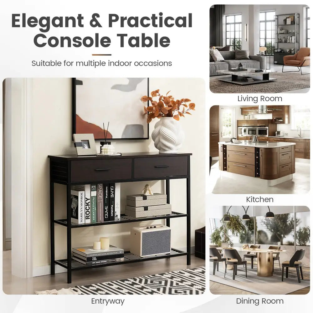 39.5 Inch Entryway Table with 2 Drawers and 2-Tier Shelves-Dark Brown - Dark Brown - Console Tables