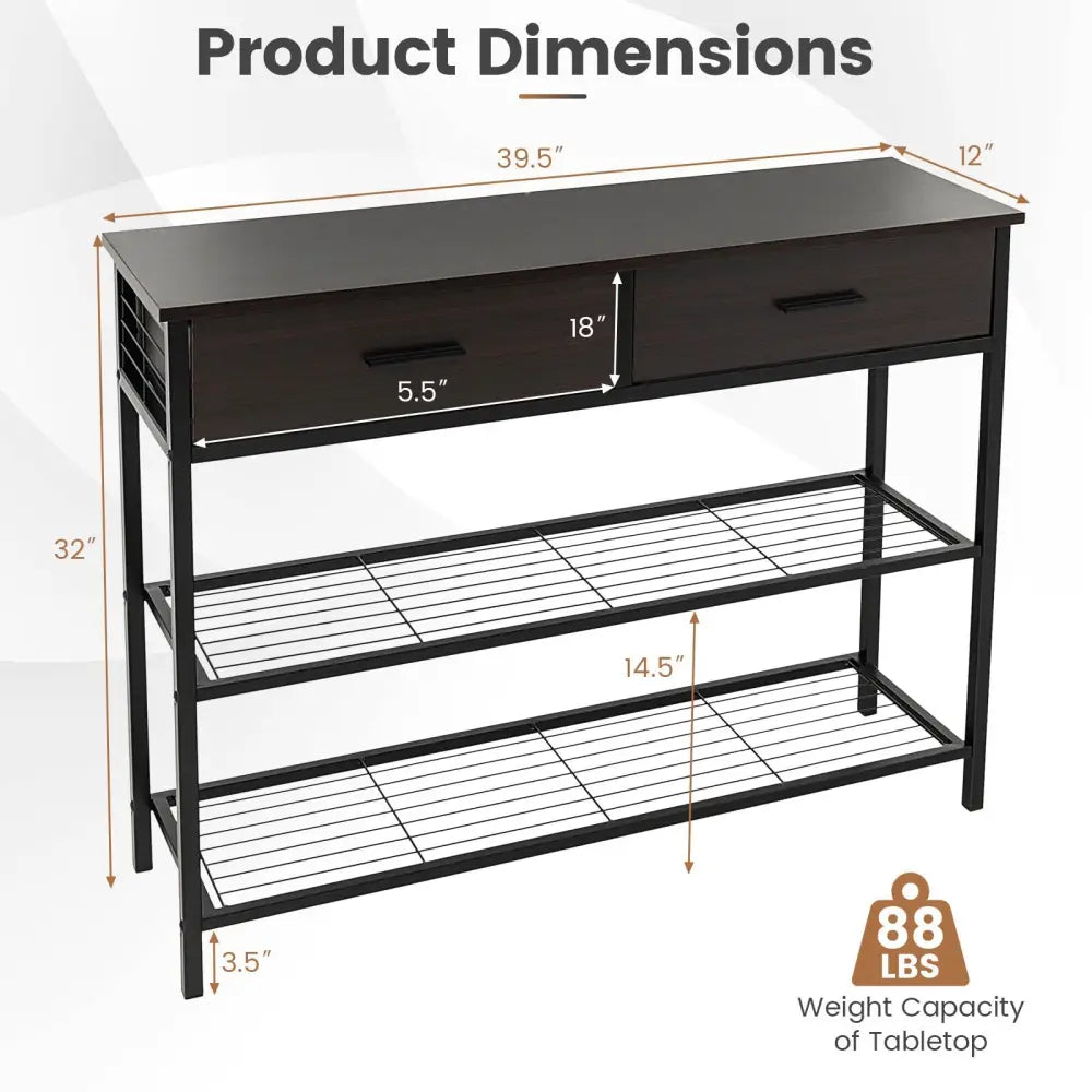 39.5 Inch Entryway Table with 2 Drawers and 2-Tier Shelves-Dark Brown - Dark Brown - Console Tables