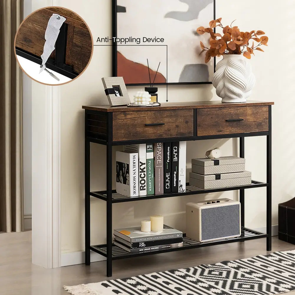 39.5 Inch Entryway Table with 2 Drawers and 2-Tier Shelves-Rustic Brown - Rustic Brown - Console Tables