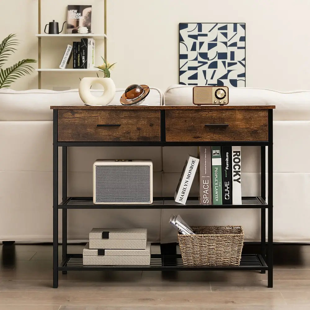 39.5 Inch Entryway Table with 2 Drawers and 2-Tier Shelves-Rustic Brown - Rustic Brown - Console Tables