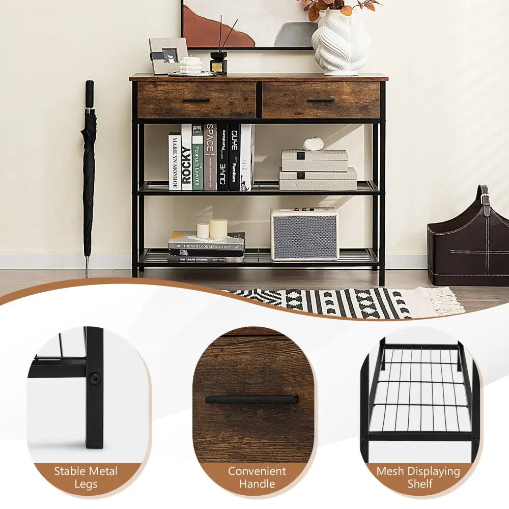 39.5 Inch Entryway Table with 2 Drawers and 2-Tier Shelves-Rustic Brown - Rustic Brown - Console Tables