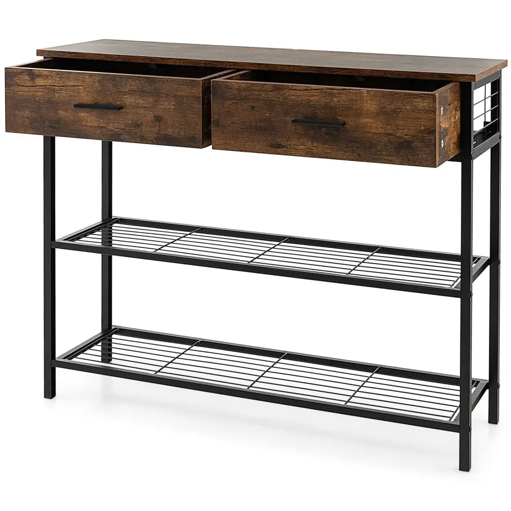 39.5 Inch Entryway Table with 2 Drawers and 2-Tier Shelves-Rustic Brown - Rustic Brown - Console Tables