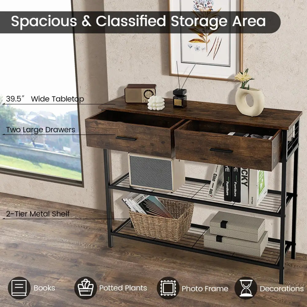 39.5 Inch Entryway Table with 2 Drawers and 2-Tier Shelves-Rustic Brown - Rustic Brown - Console Tables