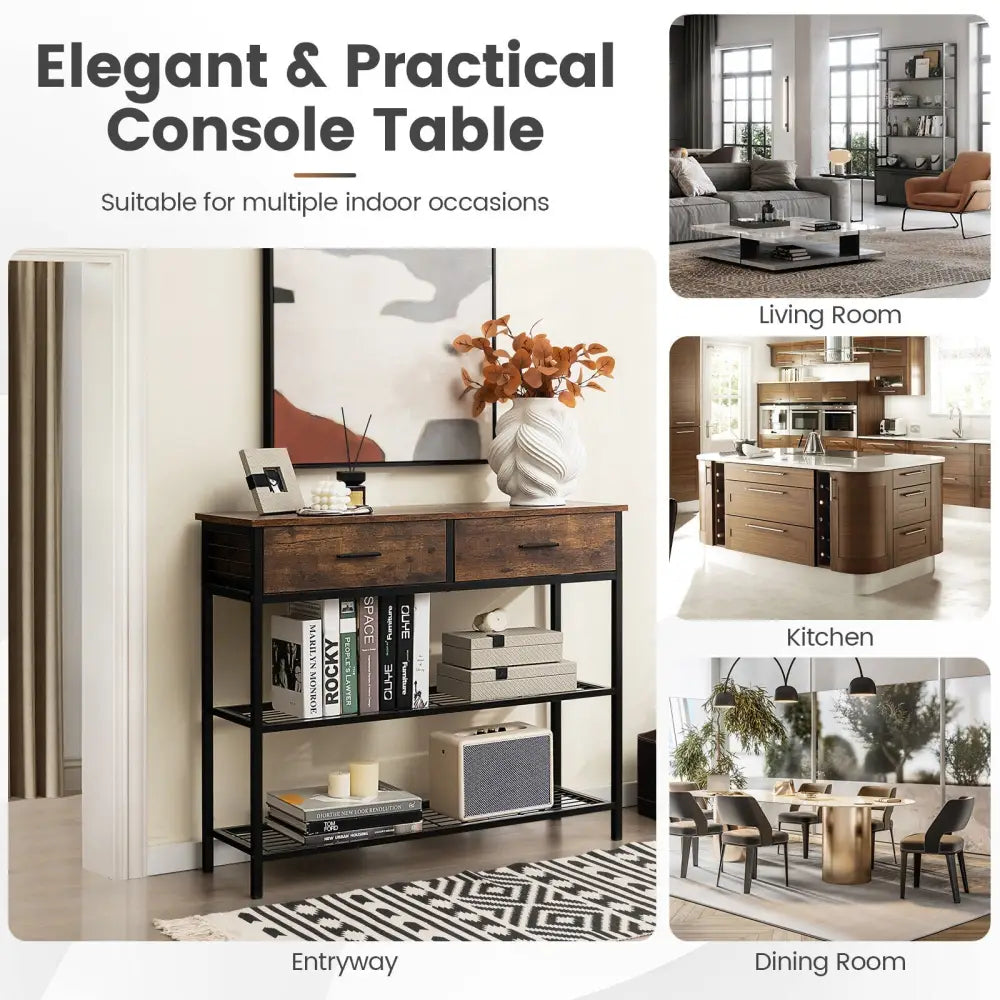 39.5 Inch Entryway Table with 2 Drawers and 2-Tier Shelves-Rustic Brown - Rustic Brown - Console Tables