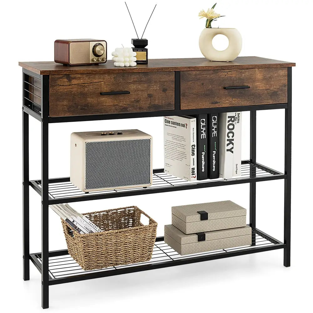 39.5 Inch Entryway Table with 2 Drawers and 2-Tier Shelves-Rustic Brown - Rustic Brown - Console Tables
