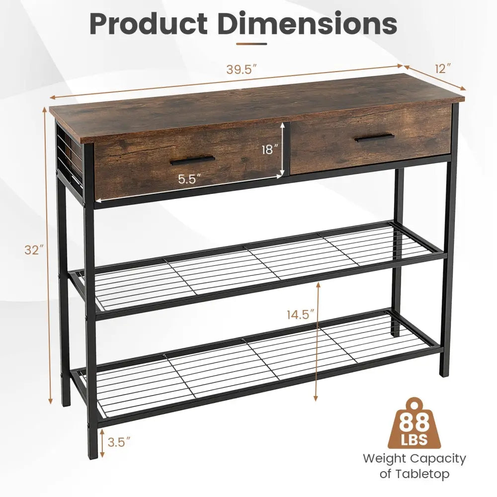 39.5 Inch Entryway Table with 2 Drawers and 2-Tier Shelves-Rustic Brown - Rustic Brown - Console Tables