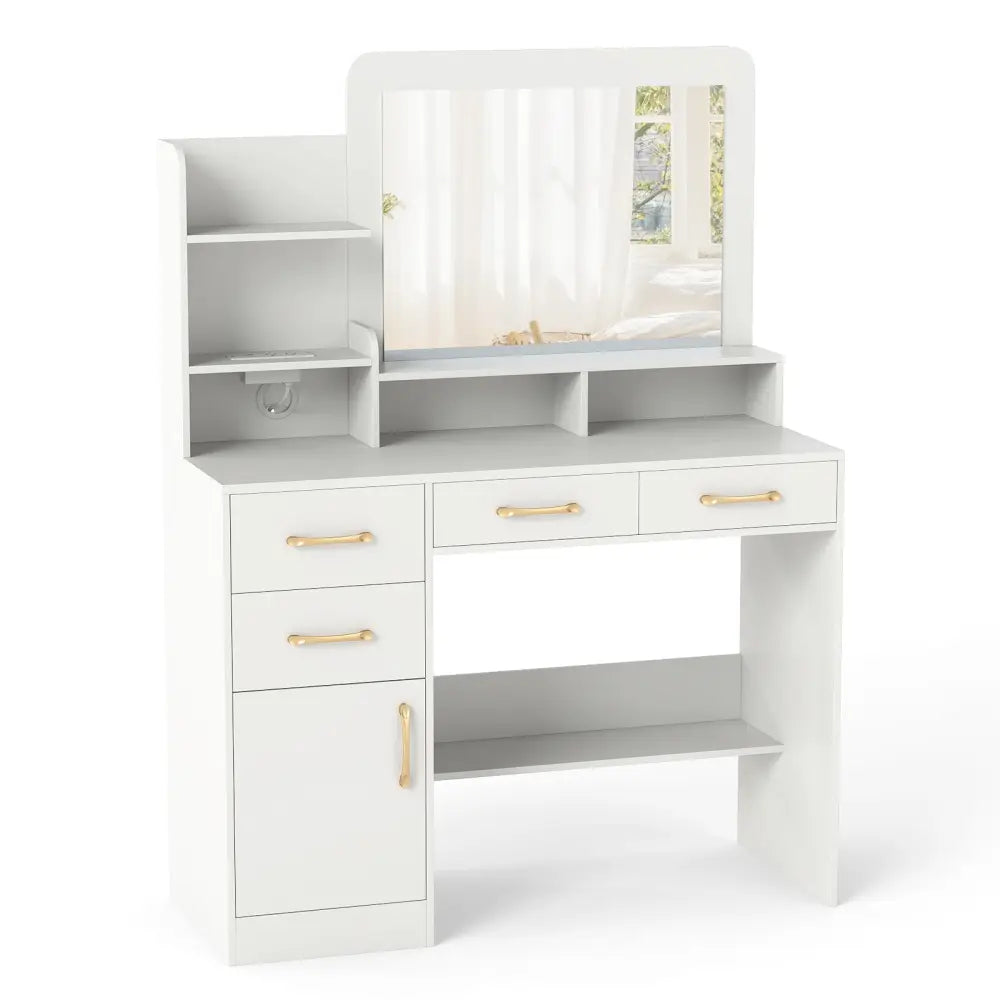 39.5 Inch Vanity Desk with Power Outlets and Mirror for Bedroom-White - White - Kids Vanities
