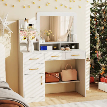 39.5 Inch Vanity Desk with Power Outlets and Mirror for Bedroom-White - White - Kids Vanities