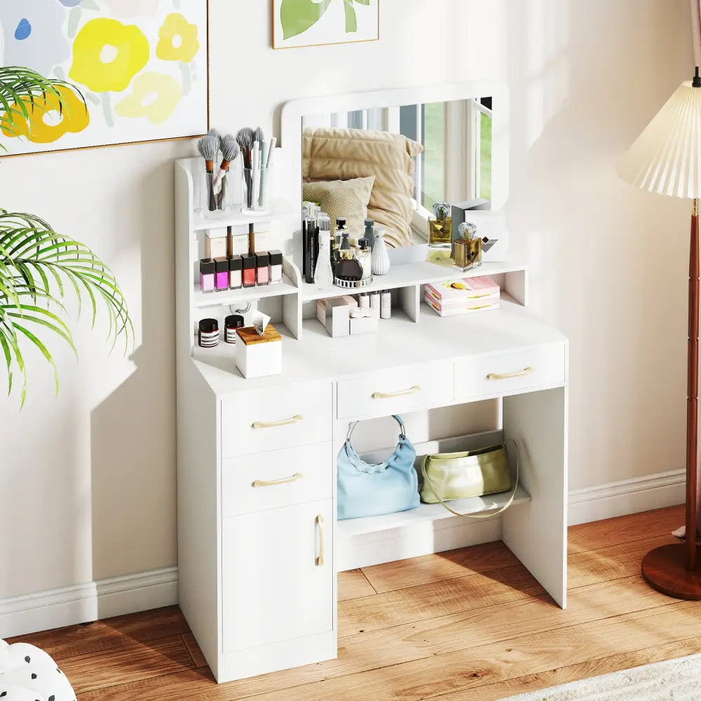 39.5 Inch Vanity Desk with Power Outlets and Mirror for Bedroom-White - White - Kids Vanities