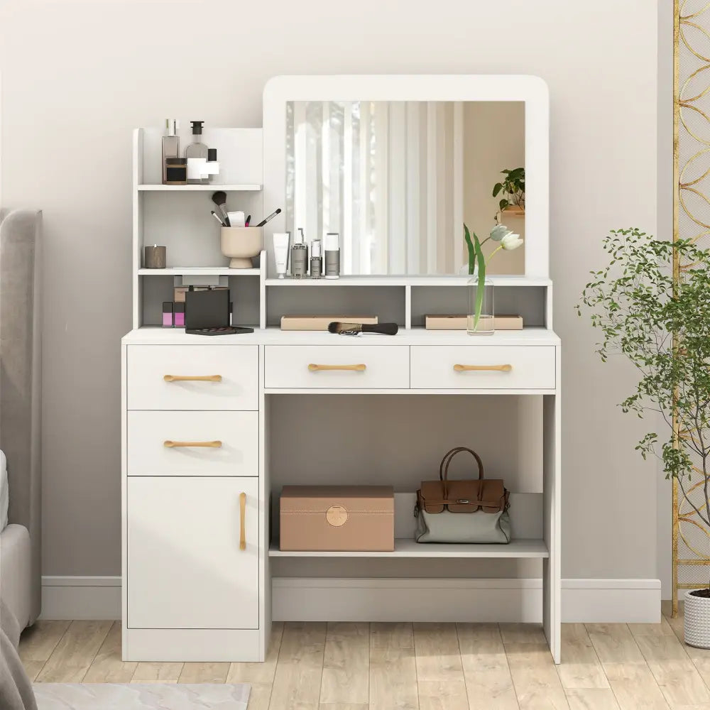 39.5 Inch Vanity Desk with Power Outlets and Mirror for Bedroom-White - White - Kids Vanities