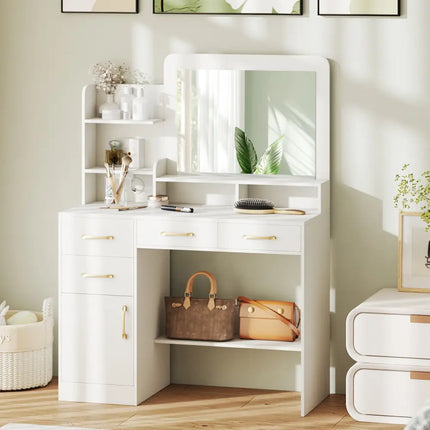 39.5 Inch Vanity Desk with Power Outlets and Mirror for Bedroom-White - White - Kids Vanities
