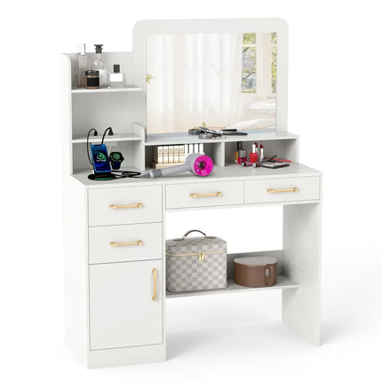 39.5 Inch Vanity Desk with Power Outlets and Mirror for Bedroom-White - White - Kids Vanities