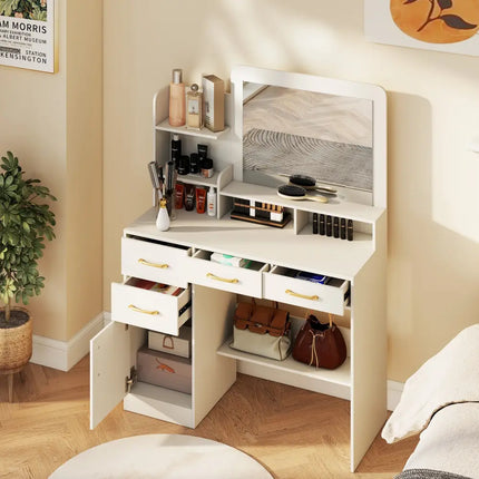 39.5 Inch Vanity Desk with Power Outlets and Mirror for Bedroom-White - White - Kids Vanities