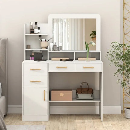 39.5 Inch Vanity Desk with Power Outlets and Mirror for Bedroom-White - White - Kids Vanities