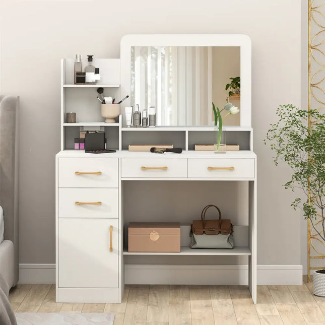 39.5 Inch Vanity Desk with Power Outlets and Mirror for Bedroom-White - White - Kids Vanities