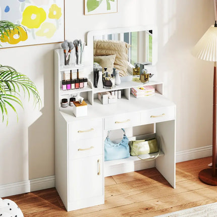 39.5 Inch Vanity Desk with Power Outlets and Mirror for Bedroom-White - White - Kids Vanities