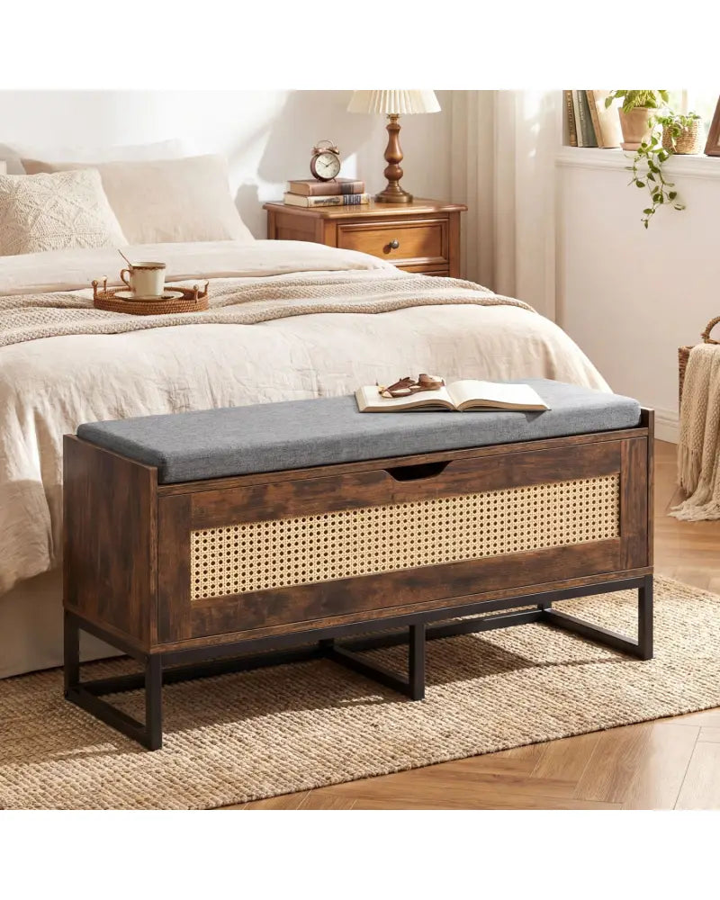 39.5’’ Rattan Storage Chest Wicker Shoe Bench with Padded Seat Flip-Top-Rustic Brown - Rustic Brown - Shoe Racks &