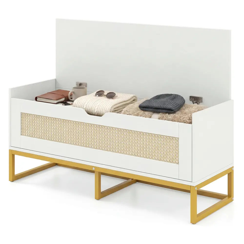 39.5’’ Rattan Storage Chest Wicker Shoe Bench with Padded Seat Flip-Top-White - White - Shoe Racks & Storage Benches