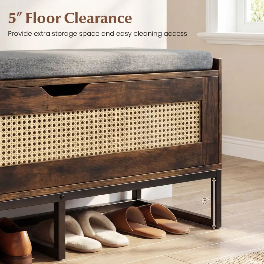 39.5’’ Rattan Storage Chest Wicker Shoe Bench with Padded Seat Flip-Top-Rustic Brown - Rustic Brown - Shoe Racks &