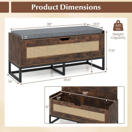 39.5’’ Rattan Storage Chest Wicker Shoe Bench with Padded Seat Flip-Top-Rustic Brown - Rustic Brown - Shoe Racks &