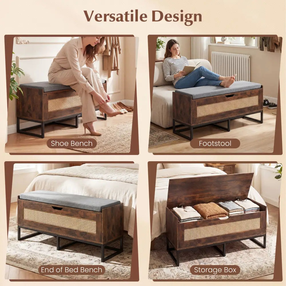 39.5’’ Rattan Storage Chest Wicker Shoe Bench with Padded Seat Flip-Top-Rustic Brown - Rustic Brown - Shoe Racks &